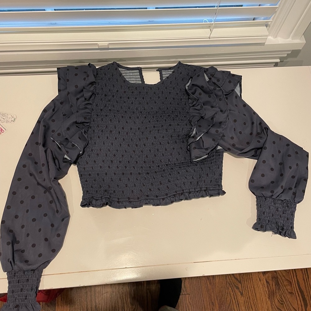 Long sleeve navy blue polka dot shirt